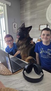 O Lucas e o Gabriel com o seu cão.
